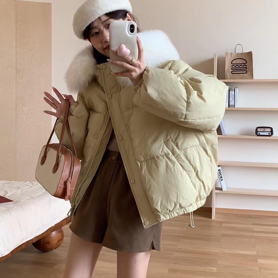 Fox Fur Collar White Duck Down Loose Thickening Keep Warm Coat