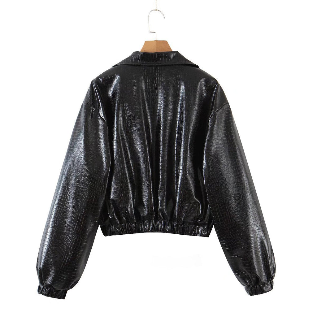 Women's Lapel Quilted PU Leather Jacket